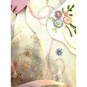 Blue  & Pink Kit 20+ Vintage Embroidered Linens Lace Button Junk Journal vintage